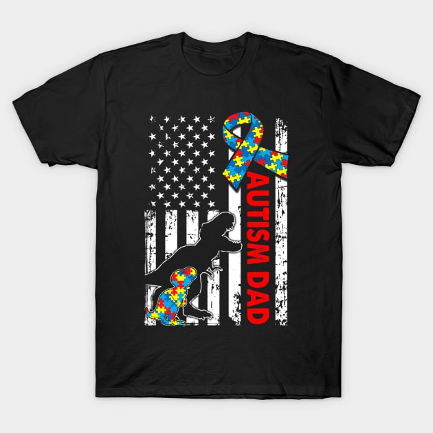 Mens Distressed Dinosaur Autism Dad USA Flag Autism Awareness T-Shirt by tabbythesing960